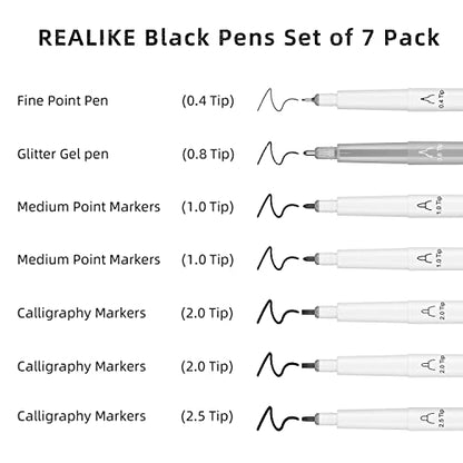 REALIKE Variety Pens for Cricut Maker 3/Maker/Explore 3/Air 2/Air,Black Pens Set of 7Pack Include Fine Point Pen,Glitter Gel, Marker, Calligraphy - WoodArtSupply