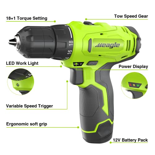 Meagle Cordless Drill, 12V Power Drill set with Battery & charger, 2 Variable Speed Electric Drill 18+1 Torque Setting, 3/8” Chuck with Drill Bits& - WoodArtSupply