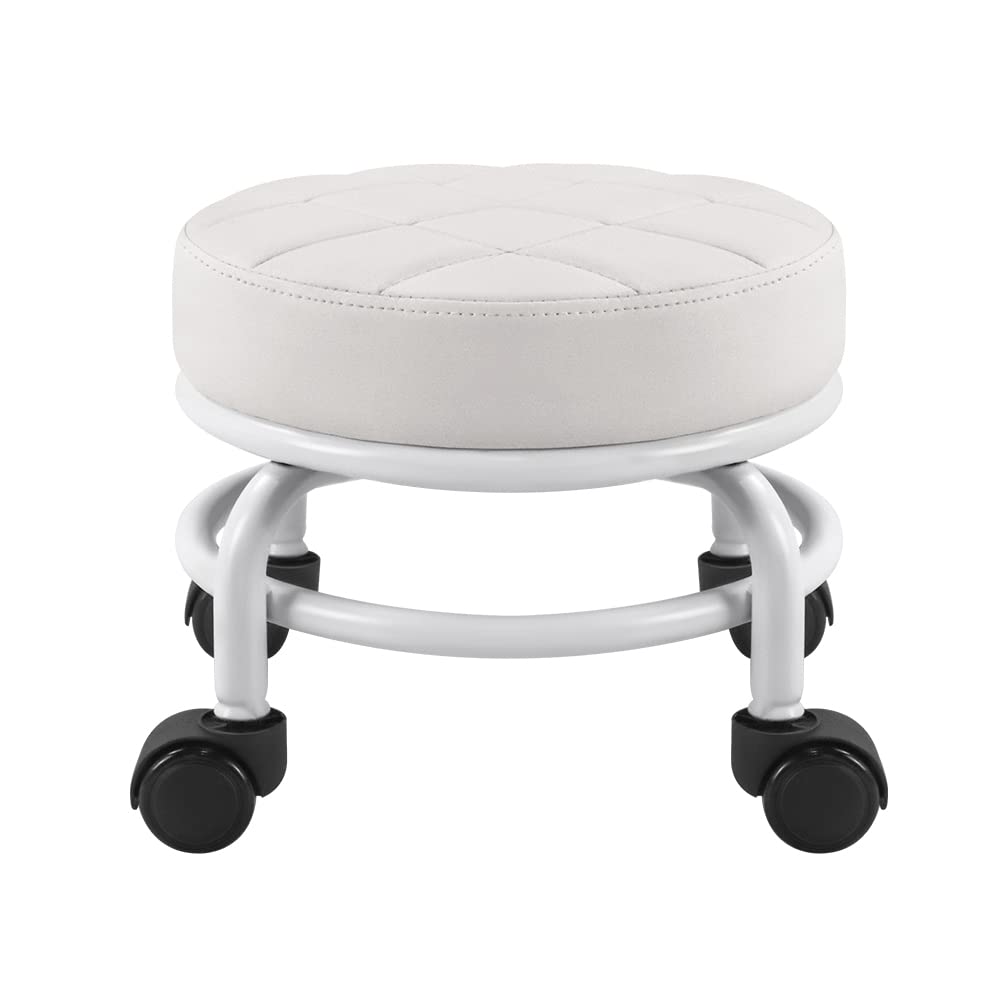 FURWOO Low Roller Seat PU Leather Rolling Stool Step Stool Mechanic Stool on Wheels for Home Office Garage Shop White FURWOO