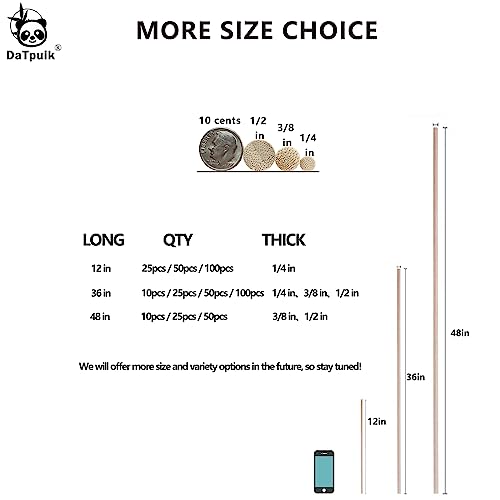 25PCS Dowel Rods Wood Sticks Wooden Dowel Rods - 1/4 x 12 Inch Unfinished Bamboo Sticks - for Crafts and DIYers DaTpuik