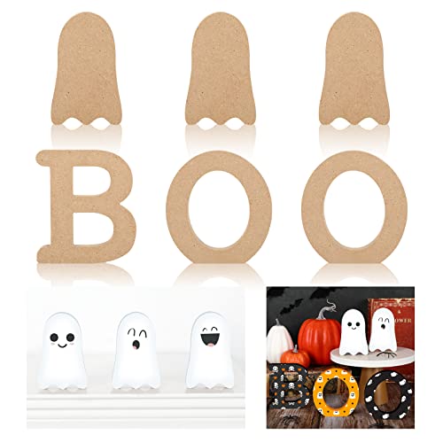 Whaline 6Pcs Halloween Wooden Ghost Cutouts Letter Boo Unfinished Table Wooden Signs Blank Ghost Freestanding Ornament for Halloween Home Kitchen Whaline