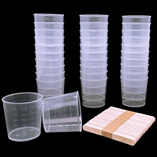 60 Pcs Plastic Graduated Cups, 30ml/1oz Clear Scale Cups with 50 Pcs Wooden Stirring Sticks for Epoxy, Resin, Stain, Mixing Paint - WoodArtSupply