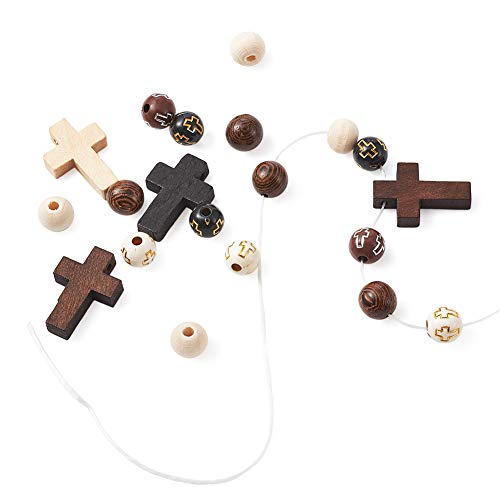 Pandahall 170Pcs 8mm Round Acrylic&Wooden Beads and 30Pcs 22x15.5mm Natural Wooden Cross Pendants Beads Charm with 0.8mm Crystal Elastic String for PH PandaHall