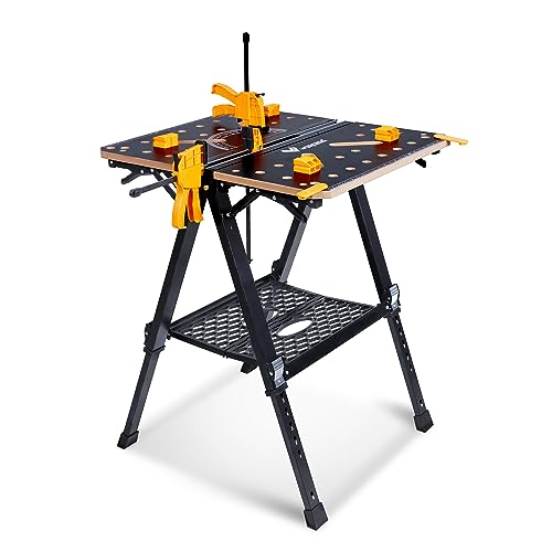 WORKESS Portable Workbench & Sawhorse, 1000Lbs Capacity Heavy Duty Folding Work Table, 23.6"-36" Adjustable Height with 2 Quick Clamps, 4 Bench Dogs, - WoodArtSupply