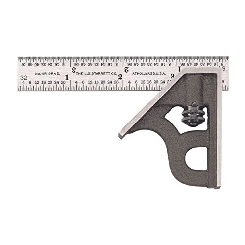 Starrett Steel Combination Square with Square Head - 4" Blade Length, Cast Iron Heads, Hardened Steel, Reversible Lock Bolt, 4R Graduation Type - Starrett