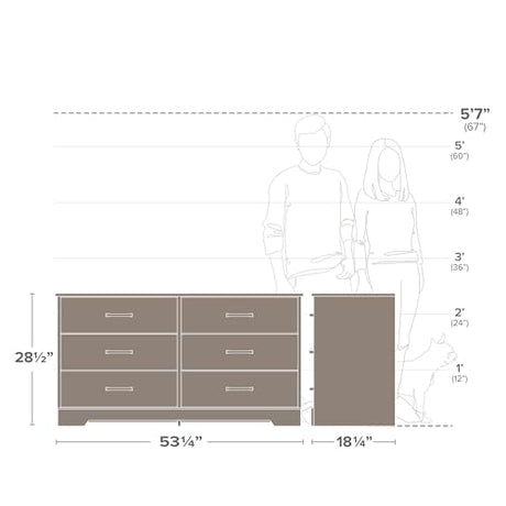 Prepac Six Drawer Dresser, 18.25in x 53.25in x 28.5in, Rustic Brown Prepac