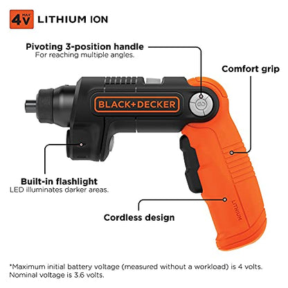 BLACK+DECKER 4V MAX* Cordless Screwdriver with LED Light (BDCSFL20C), Black - WoodArtSupply