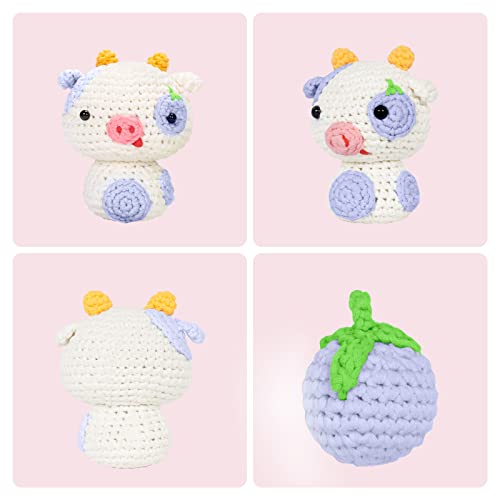 Mewaii Crochet Kit for Beginners, Complete DIY Kit with Pre-Started Yarn, Step-by-Step Videos (Blueberry Cow)