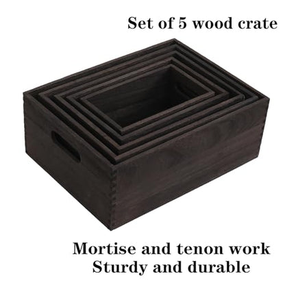 FDHUIJIA Set of 5 Nesting Wooden Crates, Rustic Wood Basket with Handles, Decorative Farmhouse display large Storage crate Box - WoodArtSupply