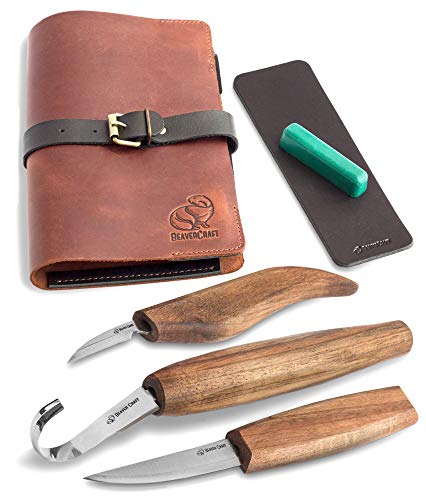 Wood Carving Tools Set for Spoon Carving Kit 3 Knives in Tools Roll Leather Strop and Polishing Compound Spoon Carving Tools Hook Sloyd Detail Knife BeaverCraft