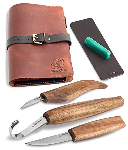 Wood Carving Tools Set for Spoon Carving Kit 3 Knives in Tools Roll Leather Strop and Polishing Compound Spoon Carving Tools Hook Sloyd Detail Knife - WoodArtSupply