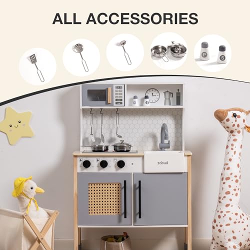 ROBOTIME Wooden Play Kitchen, Kids & Toddlers Kitchen Playset, Kids Play Kitchen Pretend Play Set with Lights & Sounds, Toy Kitchen for Ages 3+ ROBOTIME