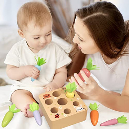 KMTJT Montessori Toys for 1 2 3 Year Old Toddlers, Macron Carrot Harvest Game Wooden Toys for Baby Boys and Girls, Educational Learning Shape Sorting