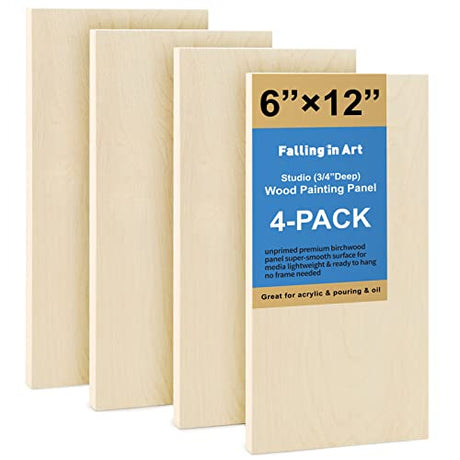 Falling in Art Unfinished Birch Wood Panels Kit for Painting, Wooden Canvas 4 Pack of 6x12’’ Studio 3/4’’ Deep, Cradle Boards for Pouring, Art, Falling in Art