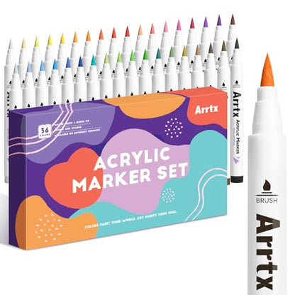 Arrtx 36 Colors Acrylic Marker for Rock Painting, Extra Brush Tip Paint Markers, Art Supplies, Fabric Paint, Fabric Markers, Paint Pen, Art Markers,