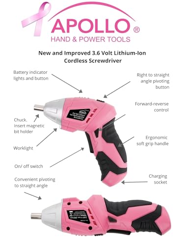 Apollo 135 Piece Household Tool Kit Pink with Pivoting Dual-Angle 3.6 V Lithium-Ion Cordless Screwdriver - DT0773N1