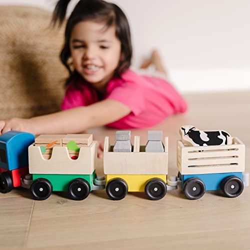 Melissa & Doug Wooden Farm Train Set - Classic Wooden Toy (3 linking cars) - WoodArtSupply