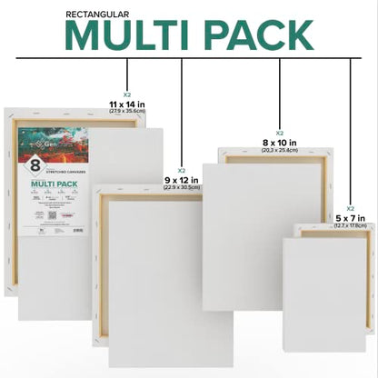 GenCrafts Stretched White Canvas Multi Pack - 5x7, 8x10, 9x12, 11x14 (2 of Each) Set of 8 - Triple Primed - 100% Cotton - for Acrylic, Oil, Other Wet - WoodArtSupply