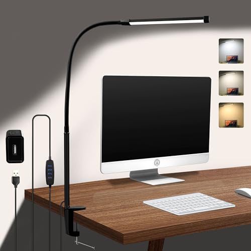 CUHIOY Desk Lamp with Metal Clamp, 3 Colors 10 Lightings LED Desk Light with USB Adapter for Home Office, Eye-Caring Flexible Gooseneck Clip on - WoodArtSupply