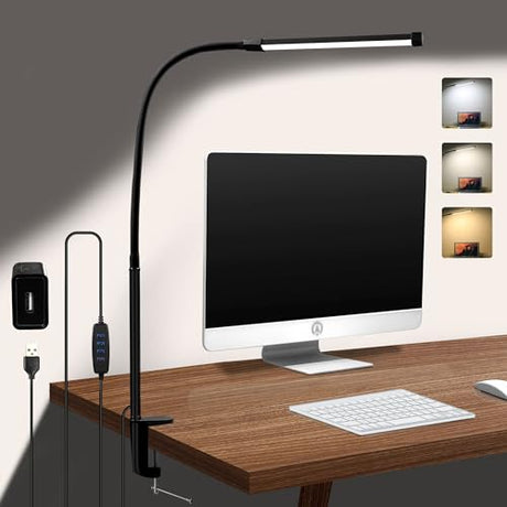 CUHIOY Desk Lamp with Metal Clamp, 3 Colors 10 Lightings LED Desk Light with USB Adapter for Home Office, Eye-Caring Flexible Gooseneck Clip on CUHIOY
