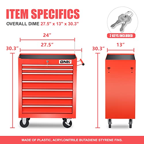 DNA MOTORING TOOLS-00264 7-Drawer Plastic Top Rolling Tool Cabinet with Keyed Locking System,27.55" L X 13" W X 30.31" H,Red DNA MOTORING
