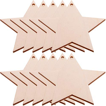 Pack of 50 Wooden Crafts to Paint 3 inch Christmas Tree Hanging Ornaments Unfinished Wood Cutouts Christmas Decoration DIY Crafts (Wooden Star