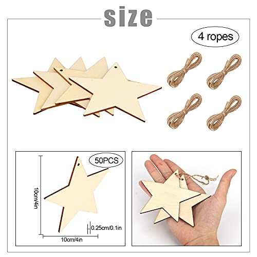 KINBOM 50 Pcs 4 inch Natural Wooden Star, Wood with Natural Twine Cutouts Shape Unfinished Wooden Star Embellishents for Christmas Home Party Wedding KINBOM