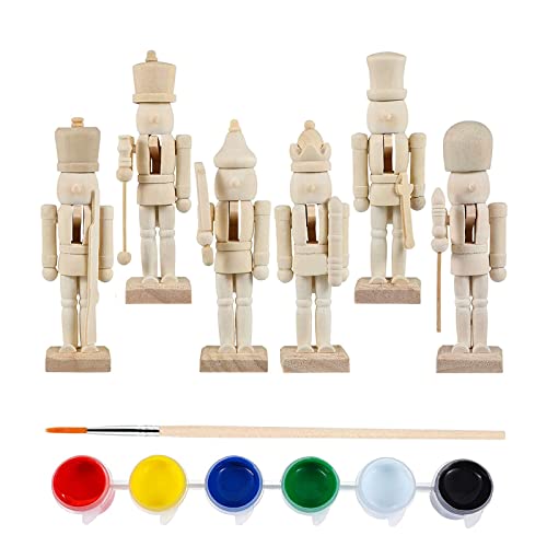 AURONUT DIY Wooden Christmas Nutcrackers, 6 pcs Unfinished Coloring Christmas Nutcracker Ornaments, Unpainted Puppet Walnut Soldier with Paint &