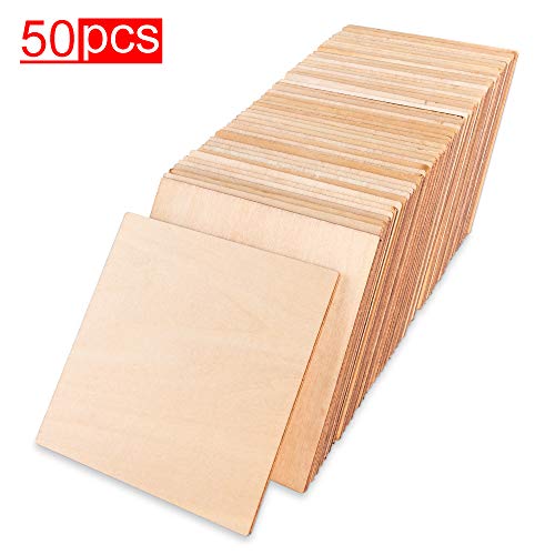 50 Pack Unfinished Wood Square Blank Pieces Natural Wooden Slices for Arts & Crafts, Painting DIY Decorations, Burning & Staining (4" Inch)