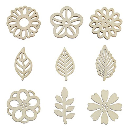 Micro Traders 100PCS Flower & Leaf Shapes Wooden Slices Wooden Embellishments Decorative Wood Chips Ornaments for DIY Scrapbooking Card Making Crafts Micro Traders