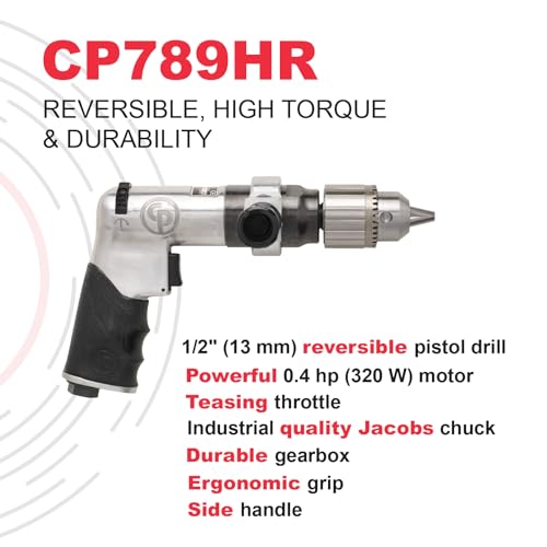 Chicago Pneumatic CP789HR - Air Power Drill, General Maintenance, 1/2 In.(13mm), Reversible, Keyed Chuck, Aluminum Housing, Pistol Handle, 0.43 - WoodArtSupply