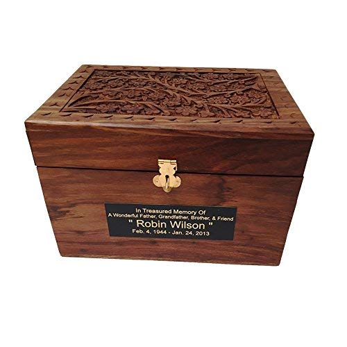 Adult Size Hard Wood Human Funeral Cremation Urn with Hand Engraved Flower Design and a Personalized Name Plate - WoodArtSupply