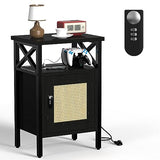runjuly Rattan Nightstand with Lock, End Table with Charging Station, Side Table with Door and Open Shelf, Modern Wooden Bedside Table for Bedroom, runjuly