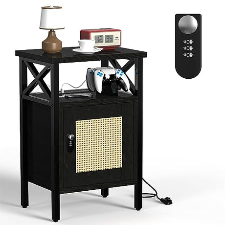 runjuly Rattan Nightstand with Lock, End Table with Charging Station, Side Table with Door and Open Shelf, Modern Wooden Bedside Table for Bedroom, runjuly