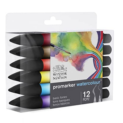 Winsor & Newton ProMarker Watercolor Marker Set, 12 Count, Basic Tones - WoodArtSupply