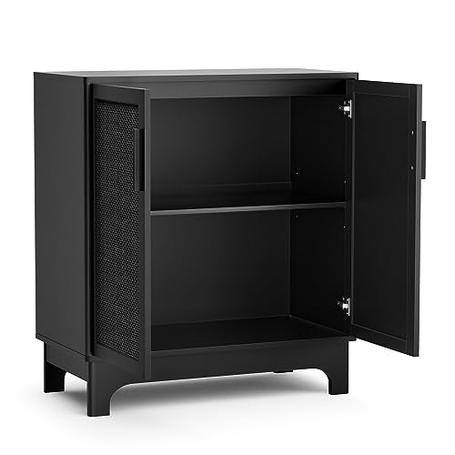 Anmytek Black Rattan Cabinet, Natural Rattan Storage Cabinet with 2 Doors Adjustable Shelf Large Space Entryway Hallway Cabinet Sideboard Buffet for - WoodArtSupply