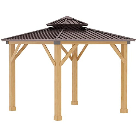 Outsunny 10' x 10' Hardtop Gazebo with Galvanized Steel Double Roof, Wooden Frame, Permanent Pavilion with Ceiling Light Hook, for Garden, Patio, Outsunny
