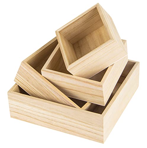 4 Pack Unfinished Wooden Box, 4 Sizes Rustic Small Wood Square Storage Organizer Box for Craft Centerpieces Home Decor Art Collectibles Succulent