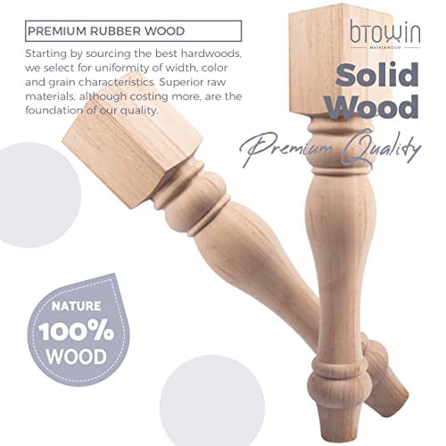 29-inch H 3 1/2-inch W 3 1/2-inch D Chunky Unfinished Farmhouse Dining Table Legs, Btowin 4Pcs Rubber Wood DIY Replacement Turned Legs Btowin