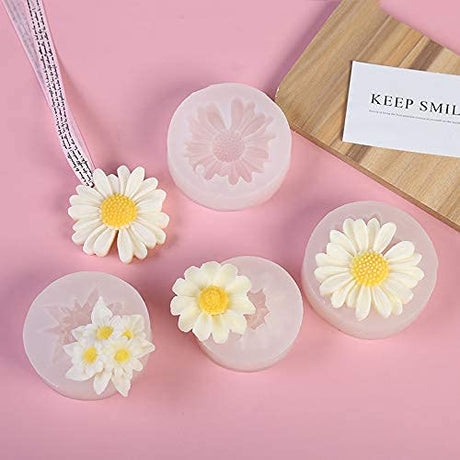 4 Pack Flower Mold Resin Mold Chamomile with Hole/Single Chamomile Flower/Four Daisy Flower in One/Single Daisy Flower Silicone Mold for Resin Candle ESEENS