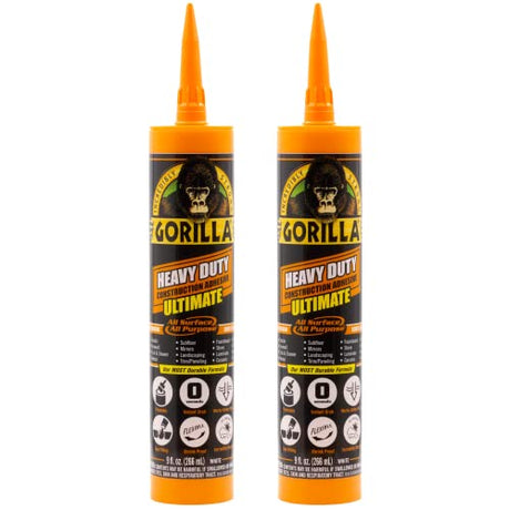 Gorilla Heavy Duty Ultimate Construction Adhesive, 9 Ounce Cartridge, White, (Pack of 2) Gorilla