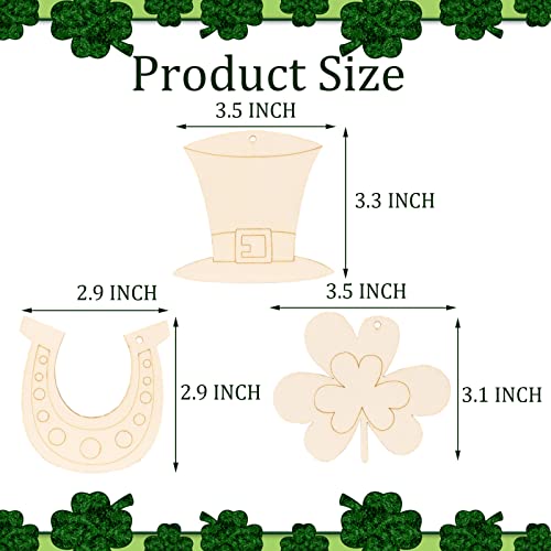 24 Pieces St Patrick’s Decorations Unfinished Wooden Cutouts Ornaments DIY Wood Shamrock Clover St. Patrick's Day Hanging Embellishments with Ropes