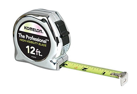 Komelon 412HV High-Visibility Professional Tape Measure, 12-Feet by 5/8-Inch, Chrome, Yellow, 12ft - Blade Komelon