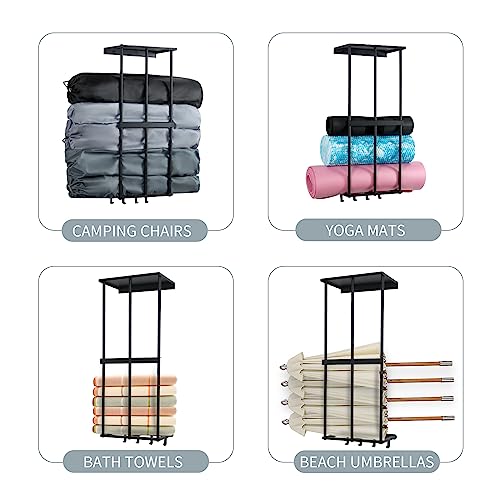 Ansonation Camping Chair Rack for Garage Storage, Metal Camping Beach Chair Umbrella Wall Mounted Holder Rack Organizer with 4 Hooks for Garage Ansonation