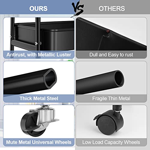 EAGMAK 3 Tier Utility Rolling Cart, Metal Storage Cart with Handle and Lockable Wheels, Multifunctional Storage Organizer Trolley with Mesh Baskets EAGMAK