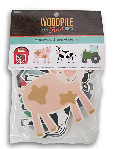 Craft Supply Farm Animals Painted Wood Cutout Shapes - 4 Mini Pieces - Barn, Cow, Pig, Tractor Multi Craft Supply