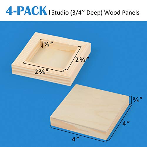 Falling in Art Unfinished Birch Wood Panels Kit for Painting, Wooden Canvas 4 Pack of 4x4’’ Studio 3/4’’ Deep, Cradle Boards for Pouring, Art, Falling in Art