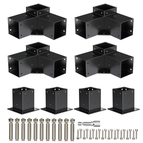 APRILSOUL 4x4 Pergola Kit, Includes 4 Three-Way Corner Brackets and Post Bases for 3.5" Wood Posts, Durable Right Angle Hardware for Outdoor Gazebo