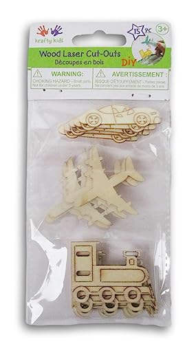 Transportation Vehicles - Unfinished Laser Cut Out Wooden Shapes for Crafting - Natural Wood - 15 Pieces (Racecar, Airplane, Train) - WoodArtSupply