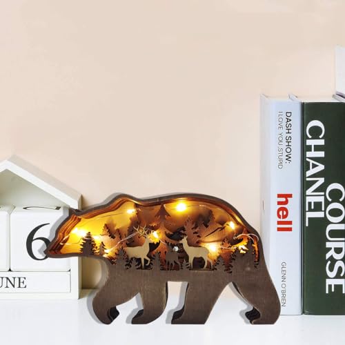 MIYOLO Light Up Bear Art Decor Wooden Brown Bear Figurine with LED Home Shelf Desk Decorations Rustic Multi-Layer Bear Crafts - WoodArtSupply